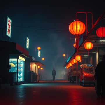 赤い提灯の下で